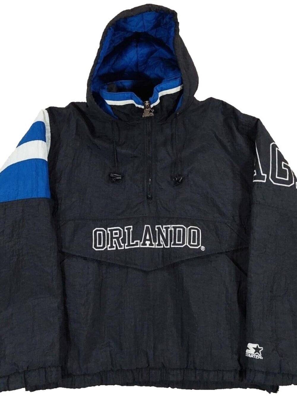 Vintage 90s Starter Orlando Magic NBA Jacket Embroidered Hooded Black/Blue. Sz L